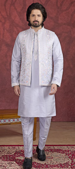 Black and Grey color Kurta Pyjama with Jacket in Art Silk fabric with Embroidered, Thread work