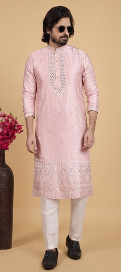 Pink and Majenta color Kurta Pyjamas in Art Silk fabric with Embroidered, Thread work