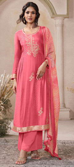 Pink and Majenta color Salwar Kameez in Muslin fabric with Weaving work