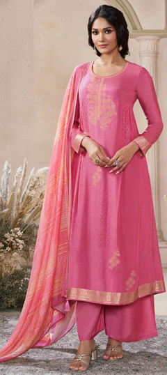 Pink and Majenta color Salwar Kameez in Muslin fabric with Weaving work