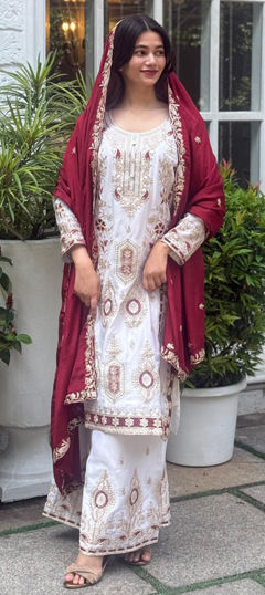 Red and Maroon, White and Off White color Salwar Kameez in Chinon Silk fabric with Embroidered, Resham, Thread, Zari work