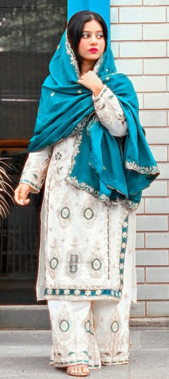 White and Off White color Salwar Kameez in Chinon Silk fabric with Embroidered, Resham, Thread, Zari work