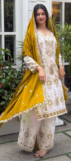 White and Off White, Yellow color Salwar Kameez in Chinon Silk fabric with Embroidered, Resham, Thread, Zari work
