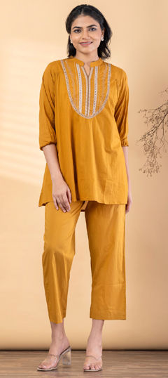 Yellow color Co-ords Set in Cotton fabric with Bugle Beads, Embroidered, Resham, Thread work