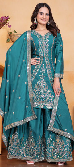 Blue color Salwar Kameez in Crepe Silk fabric with Embroidered, Sequence work