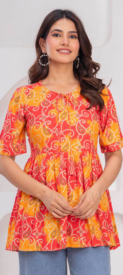 Multicolor color Tops and Shirts in Rayon fabric with Bandhej, Printed work