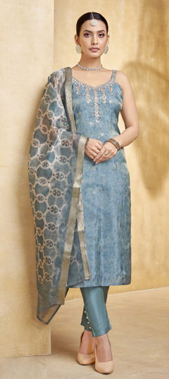 Blue color Salwar Kameez in Georgette fabric with Bugle Beads, Printed work