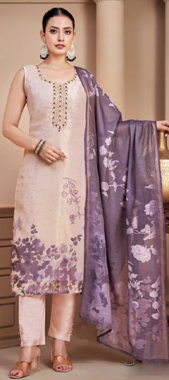 Beige and Brown color Salwar Kameez in Silk fabric with Bugle Beads, Embroidered, Floral, Printed work