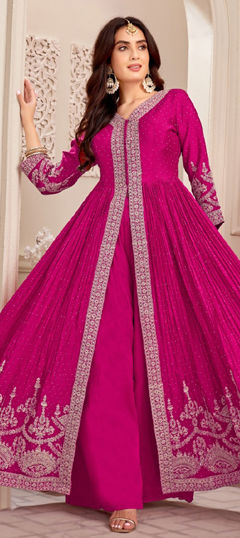Pink and Majenta color Salwar Kameez in Georgette fabric with Embroidered, Sequence work