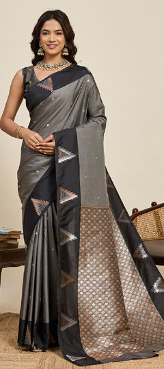 Black and Grey color Saree in Art Silk fabric with Zari work