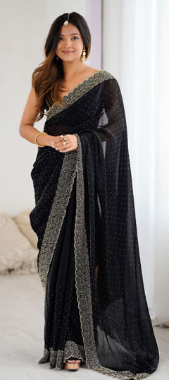 Black and Grey color Saree in Satin Silk fabric with Zircon work