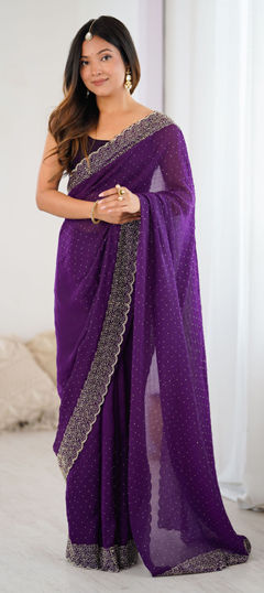 Purple and Violet color Saree in Satin Silk fabric with Zircon work