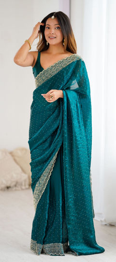 Green color Saree in Satin Silk fabric with Zircon work