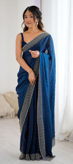 Blue color Saree in Satin Silk fabric with Zircon work