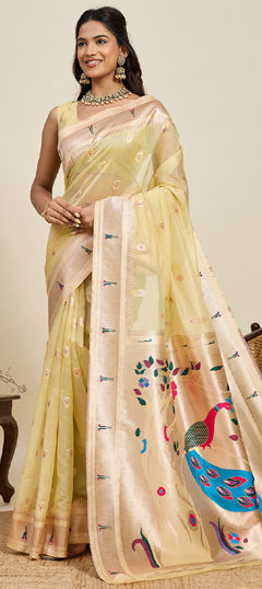 Yellow color Saree in Silk cotton fabric with Weaving work