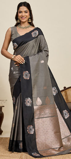 Black and Grey color Saree in Art Silk fabric with Zari work