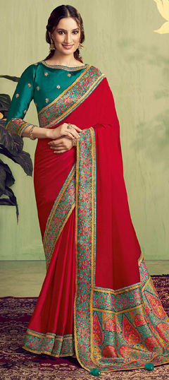 Red and Maroon color Saree in Satin Silk fabric with Embroidered, Moti, Sequence, Stone, Thread work