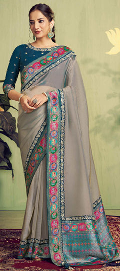 Black and Grey, Silver color Saree in Tissue fabric with Embroidered, Moti, Sequence, Stone, Thread work