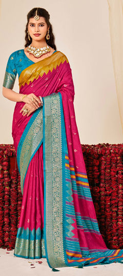Pink and Majenta color Saree in Tussar Silk, Velvet fabric with Printed, Weaving work