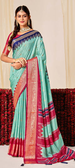Blue color Saree in Tussar Silk, Velvet fabric with Printed, Weaving work