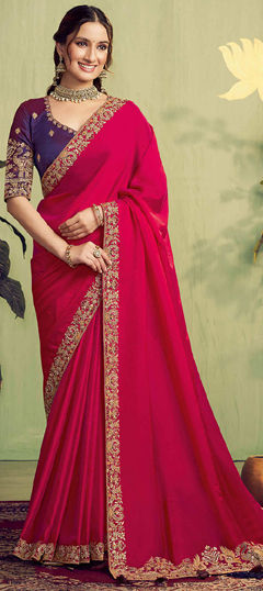 Pink and Majenta color Saree in Satin Silk fabric with Embroidered, Moti, Sequence, Stone, Thread work