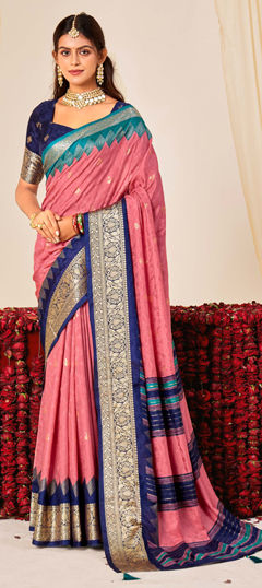Pink and Majenta color Saree in Tussar Silk, Velvet fabric with Printed, Weaving work