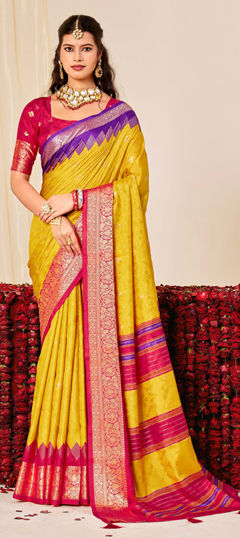 Yellow color Saree in Tussar Silk, Velvet fabric with Printed, Weaving work