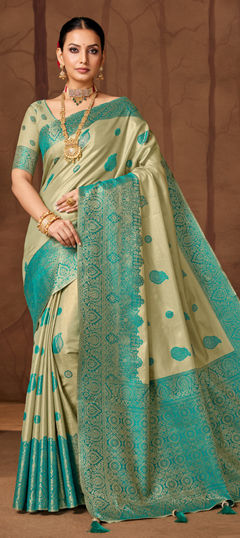 Beige and Brown, Blue color Saree in Silk fabric with Weaving work