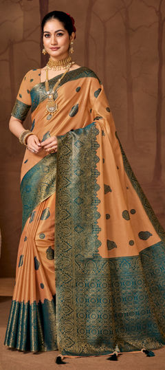 Beige and Brown, Blue color Saree in Silk fabric with Weaving work