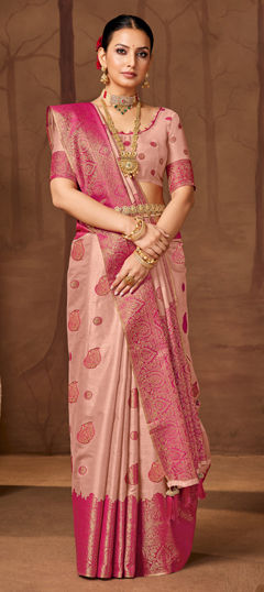 Pink and Majenta color Saree in Silk fabric with Weaving work