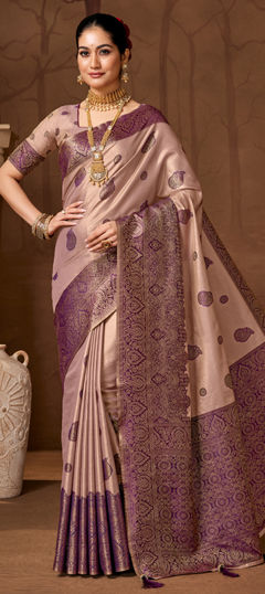 Beige and Brown, Purple and Violet color Saree in Silk fabric with Weaving work