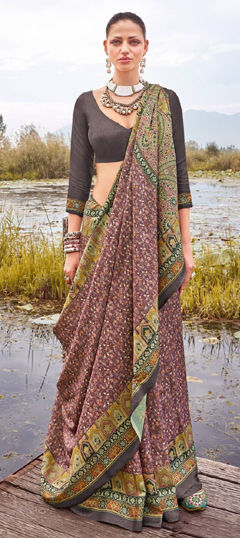 Beige and Brown color Saree in Pashmina fabric with Printed work