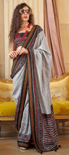 Black and Grey color Saree in Art Silk fabric with Printed work
