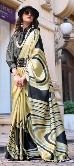 Beige and Brown color Saree in Satin Silk fabric with Printed work