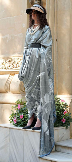 Black and Grey color Saree in Satin Silk fabric with Printed work