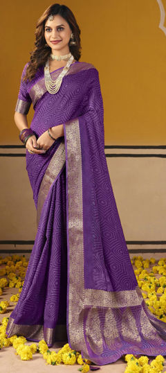 Purple and Violet color Saree in Silk fabric with Bandhej, Printed, Weaving work