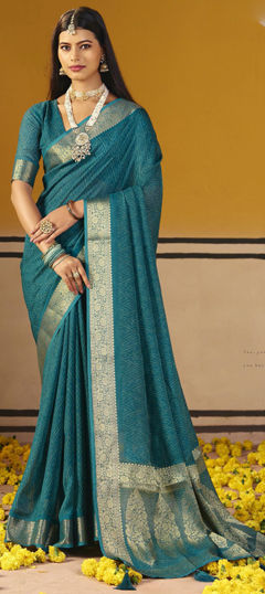 Blue color Saree in Silk fabric with Bandhej, Printed, Weaving work
