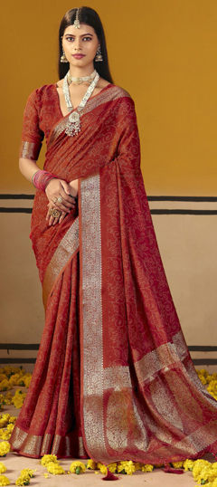 Red and Maroon color Saree in Silk fabric with Bandhej, Printed, Weaving work