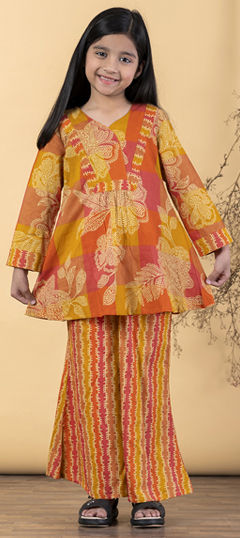 Orange, Yellow color Girls Top with Bottom in Cotton fabric with Printed work