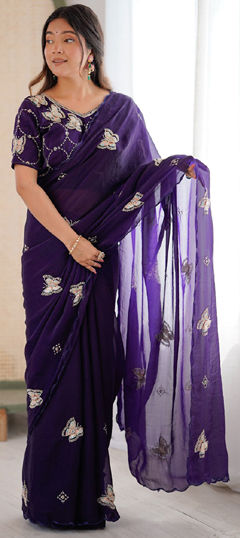 Purple and Violet color Saree in Satin Silk fabric with Bugle Beads, Embroidered work