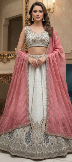White and Off White color Lehenga in Silk fabric with Embroidered, Sequence work