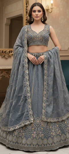 Black and Grey color Lehenga in Silk fabric with Embroidered, Sequence work