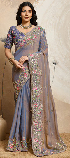 Black and Grey color Saree in Chiffon fabric with Embroidered, Thread work