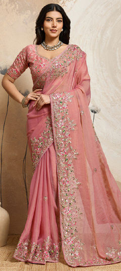 Pink and Majenta color Saree in Chiffon fabric with Embroidered, Thread work