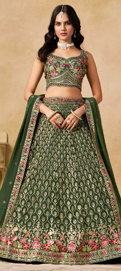 Green color Lehenga in Georgette fabric with Embroidered, Sequence, Thread work