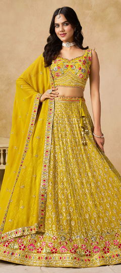 Yellow color Lehenga in Georgette fabric with Embroidered, Sequence, Thread work