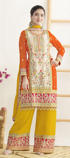 Orange, Yellow color Salwar Kameez in Chinon Silk fabric with Embroidered, Mirror work