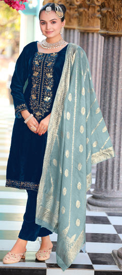 Blue color Salwar Kameez in Velvet fabric with Embroidered, Weaving work