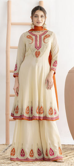 White and Off White color Salwar Kameez in Chinon Silk fabric with Appliques, Embroidered work