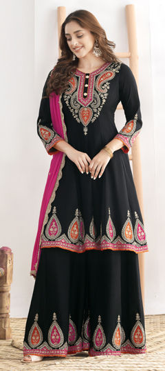 Black and Grey color Salwar Kameez in Chinon Silk fabric with Appliques, Embroidered work